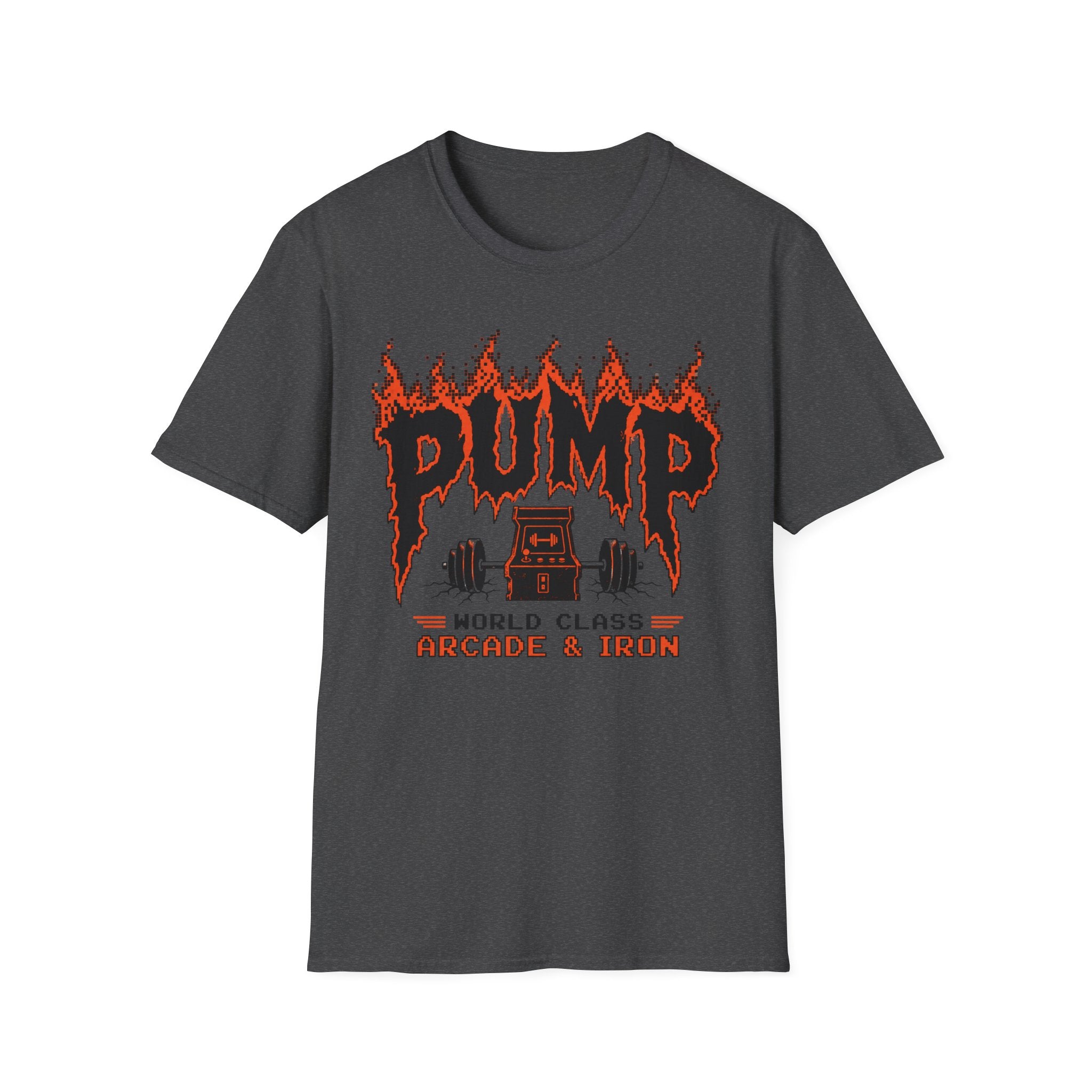 Pump Arcade & Iron — Retro Gym Weightlifting Tee