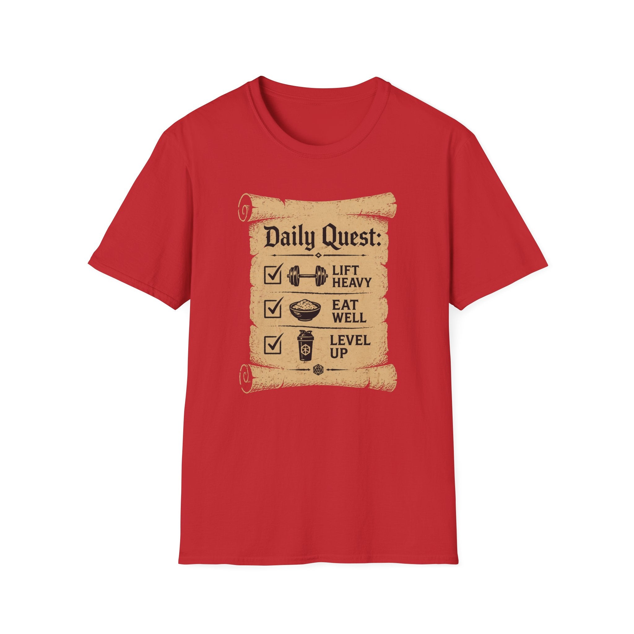 Daily Quest – 'Lift Heavy  Eat Well  Level Up' Fitness RPG Tee
