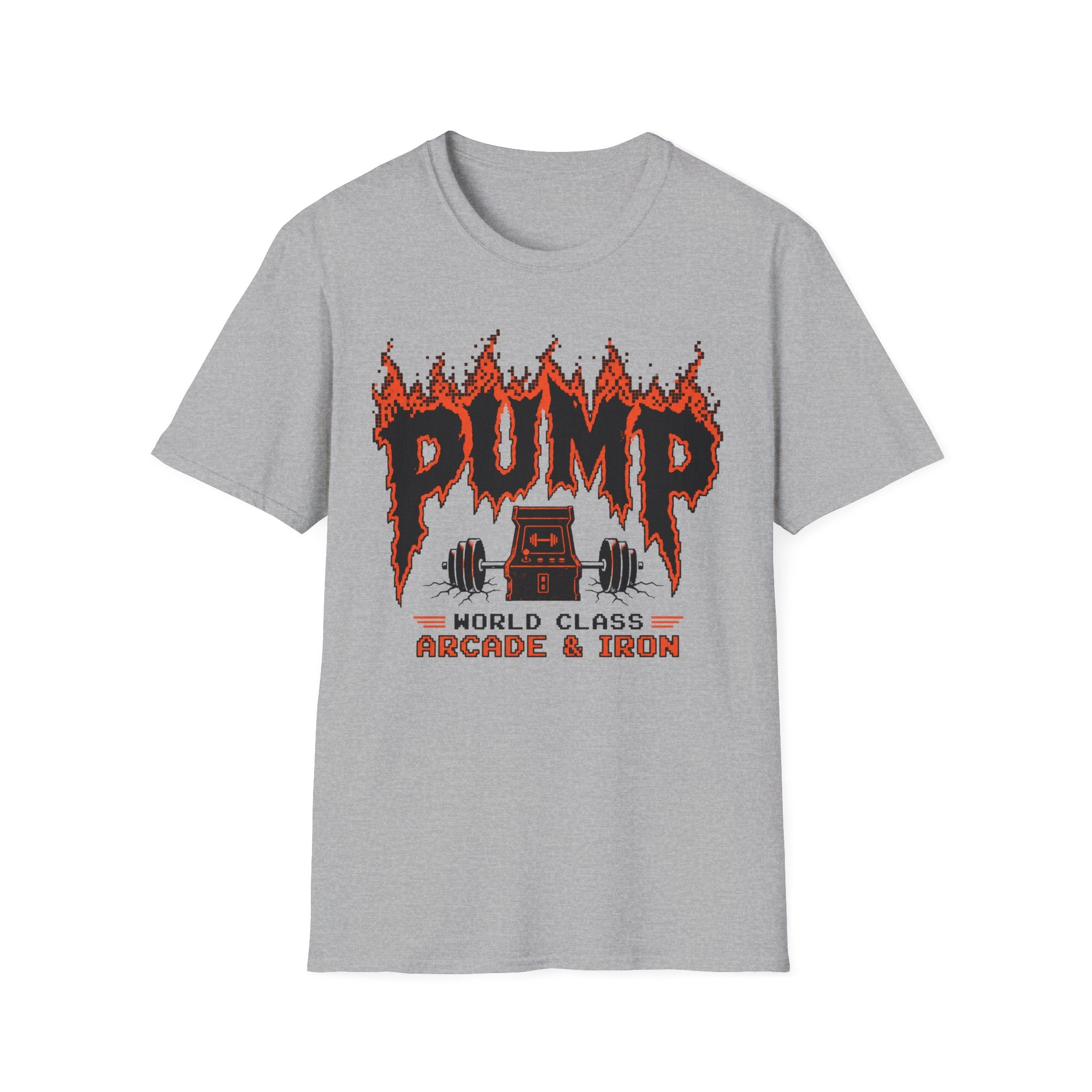 Pump Arcade & Iron — Retro Gym Weightlifting Tee