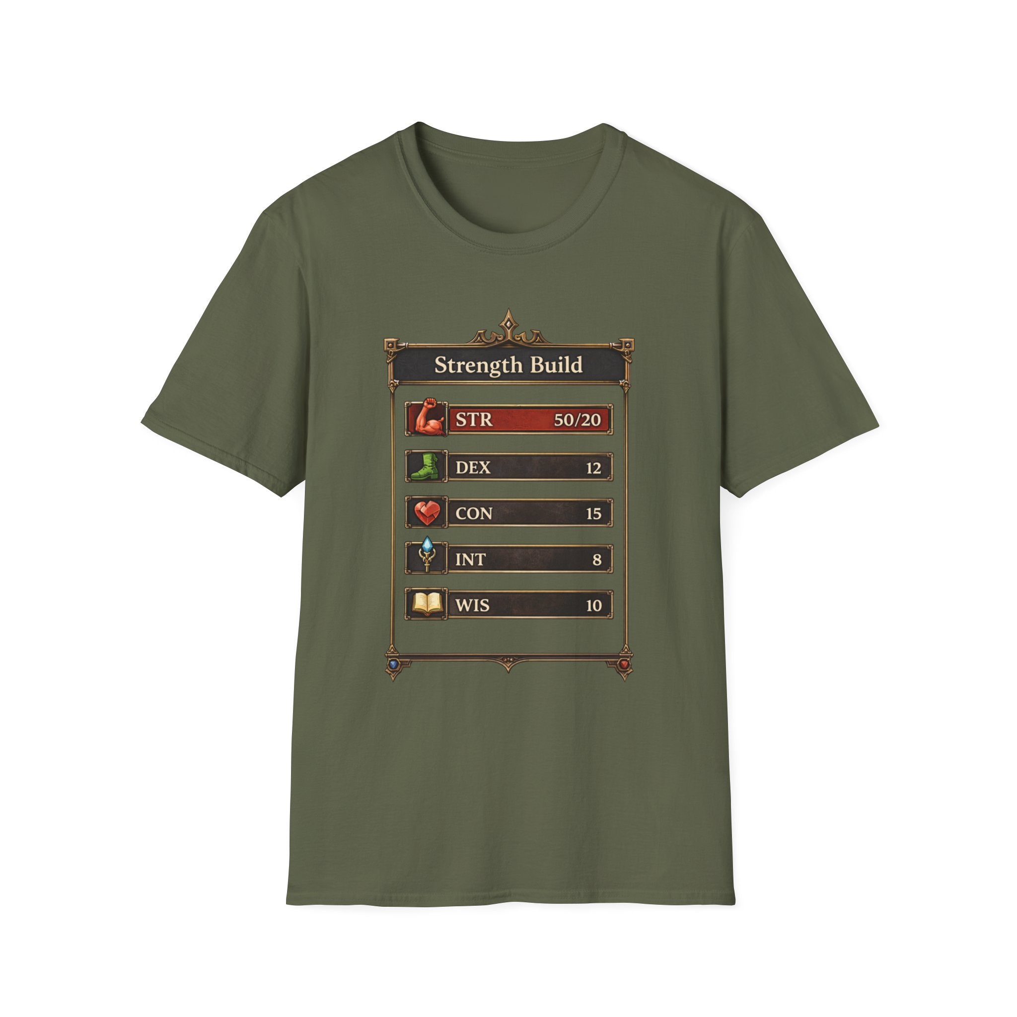 Strength Build RPG — Gamer Character Stat Tee