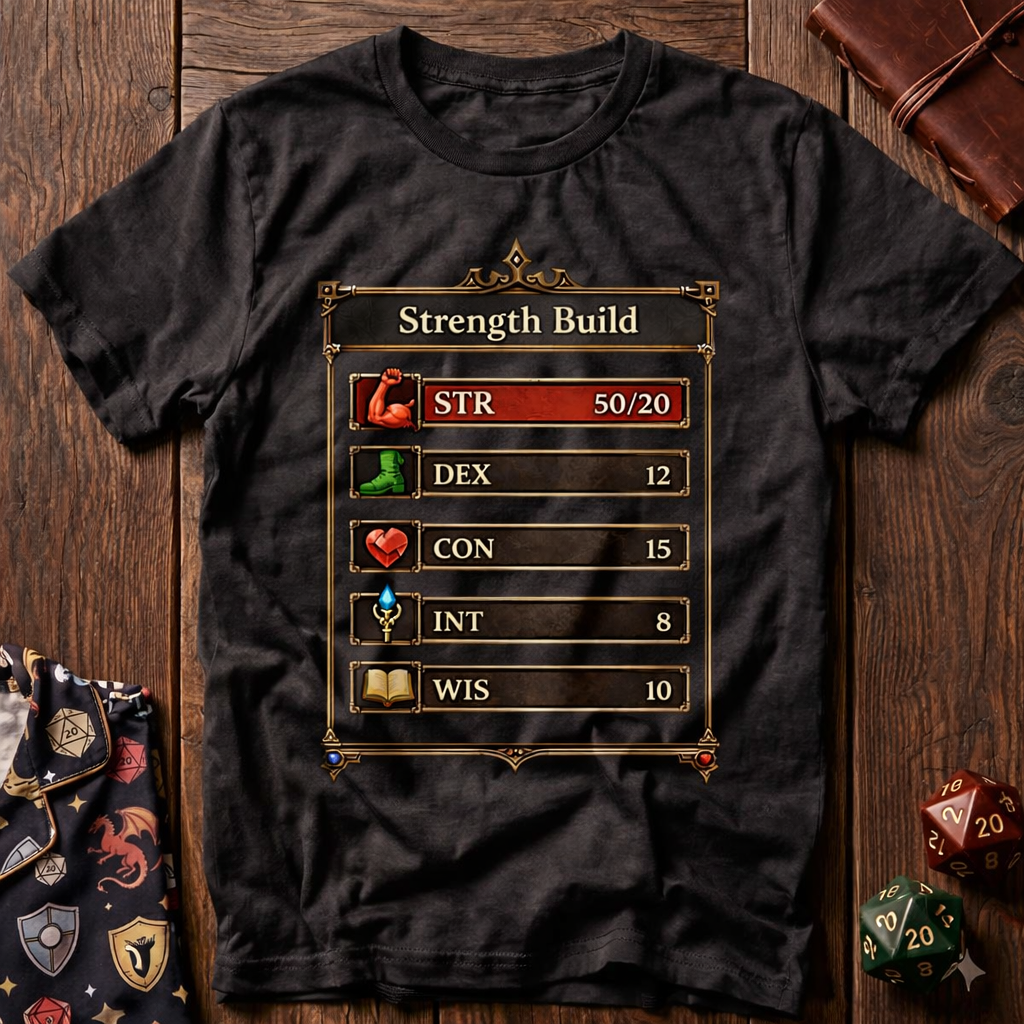 Strength Build RPG — Gamer Character Stat Tee