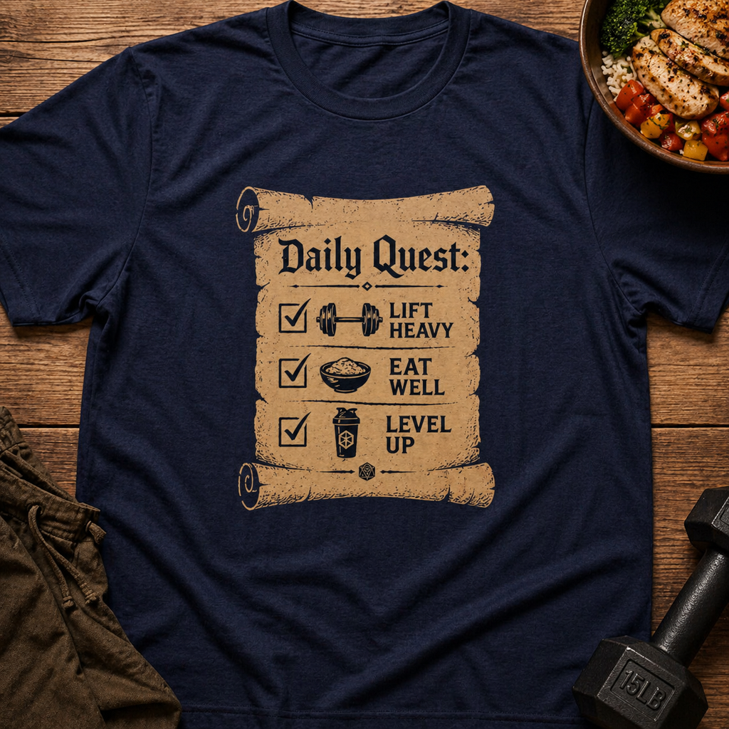 Daily Quest – 'Lift Heavy  Eat Well  Level Up' Fitness RPG Tee