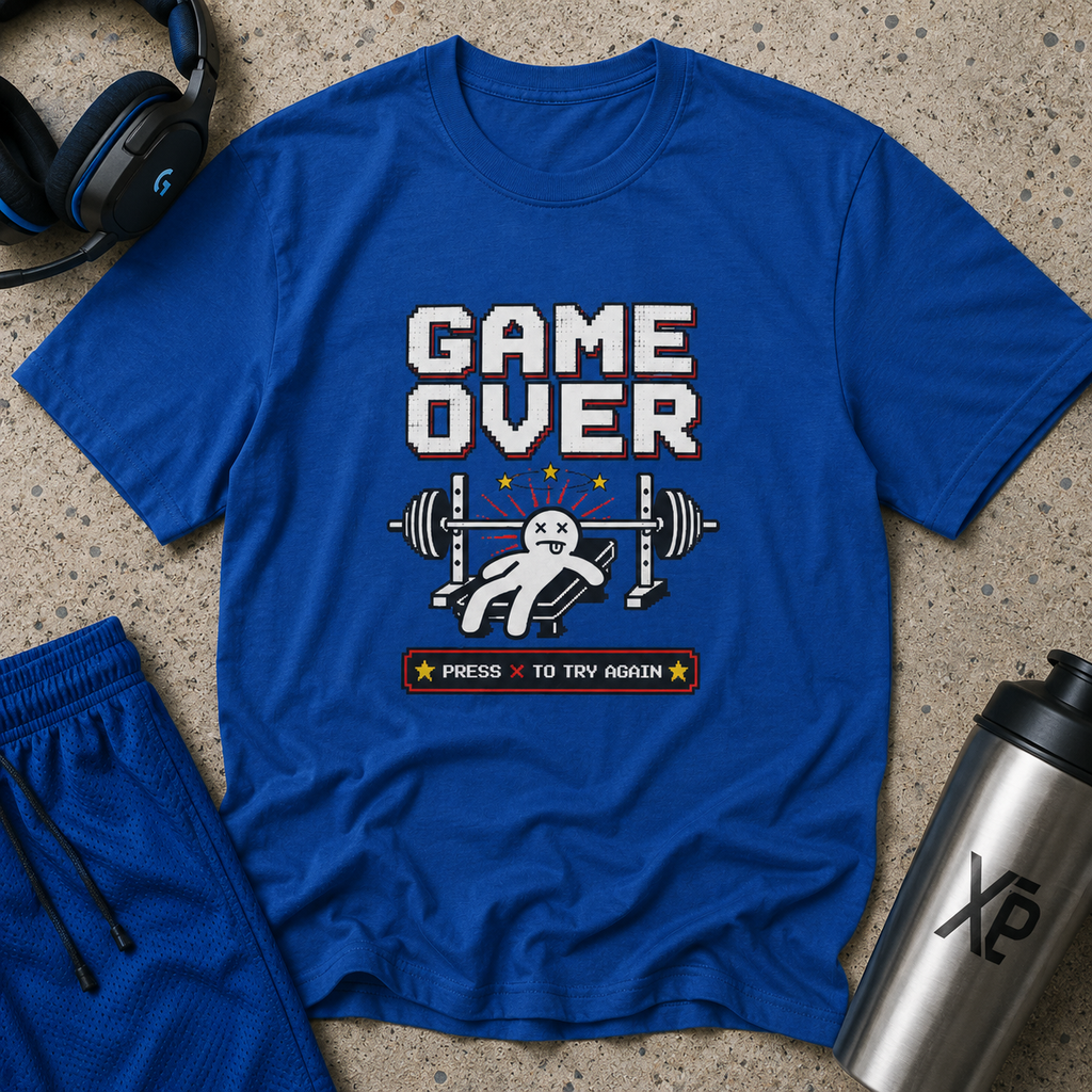 Game Over “Press R to Try Again” — Funny Gym Tee