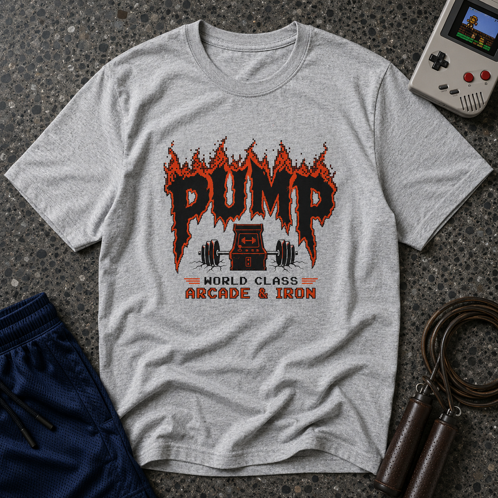 Pump Arcade & Iron — Retro Gym Weightlifting Tee