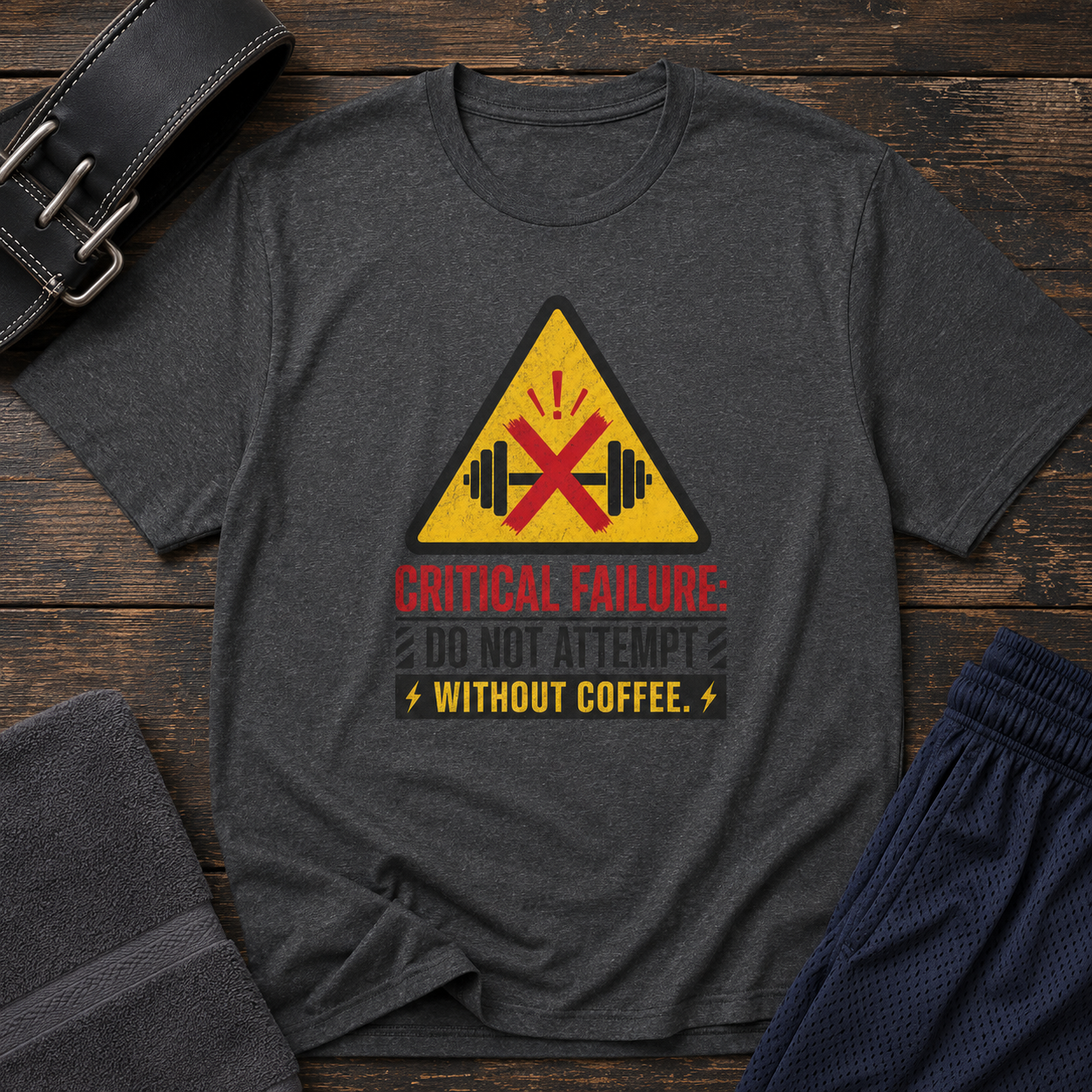 Critical Failure: Do Not Attempt Without Coffee Gym Humor Tee