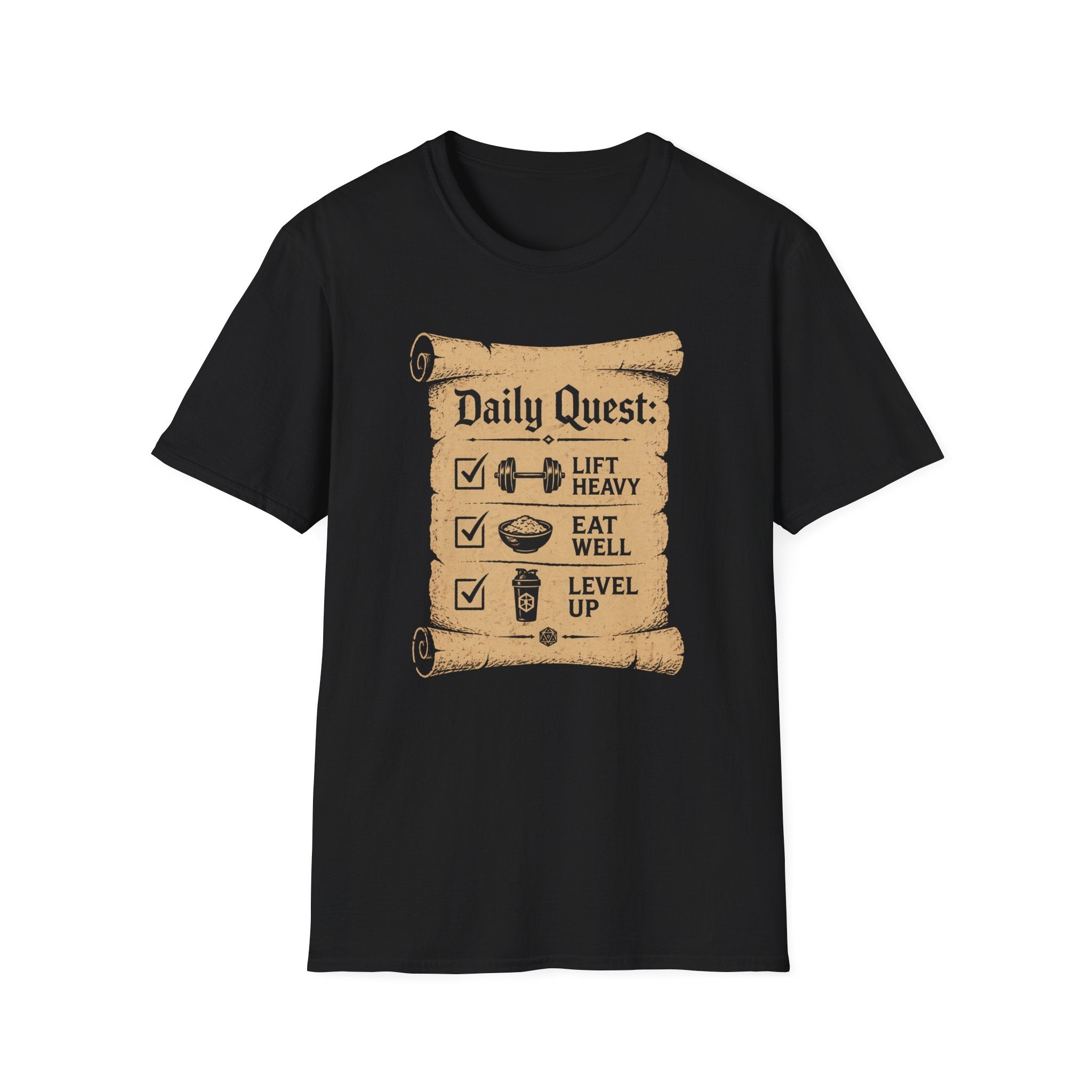 Daily Quest – 'Lift Heavy  Eat Well  Level Up' Fitness RPG Tee